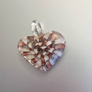 Handcrafted Glass Heart Pendant Necklace in Brown and White